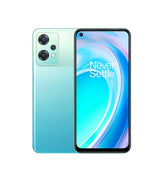 Smartphone with gradient design and 'Never Settle' logo on a white background